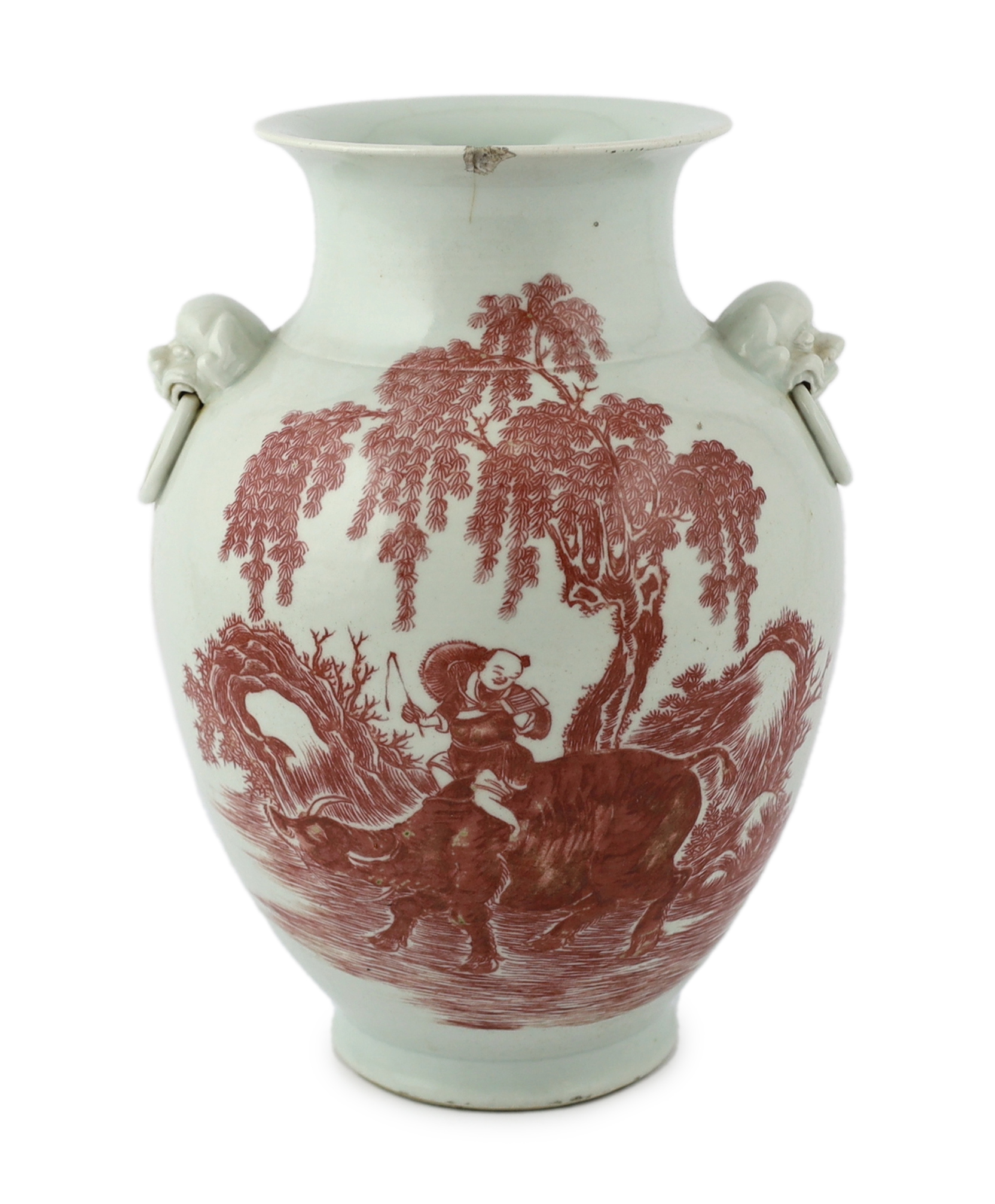 A Chinese underglaze copper red ovoid vase, Yongzheng seal mark, but 19th century, rim chips and short hairline cracks